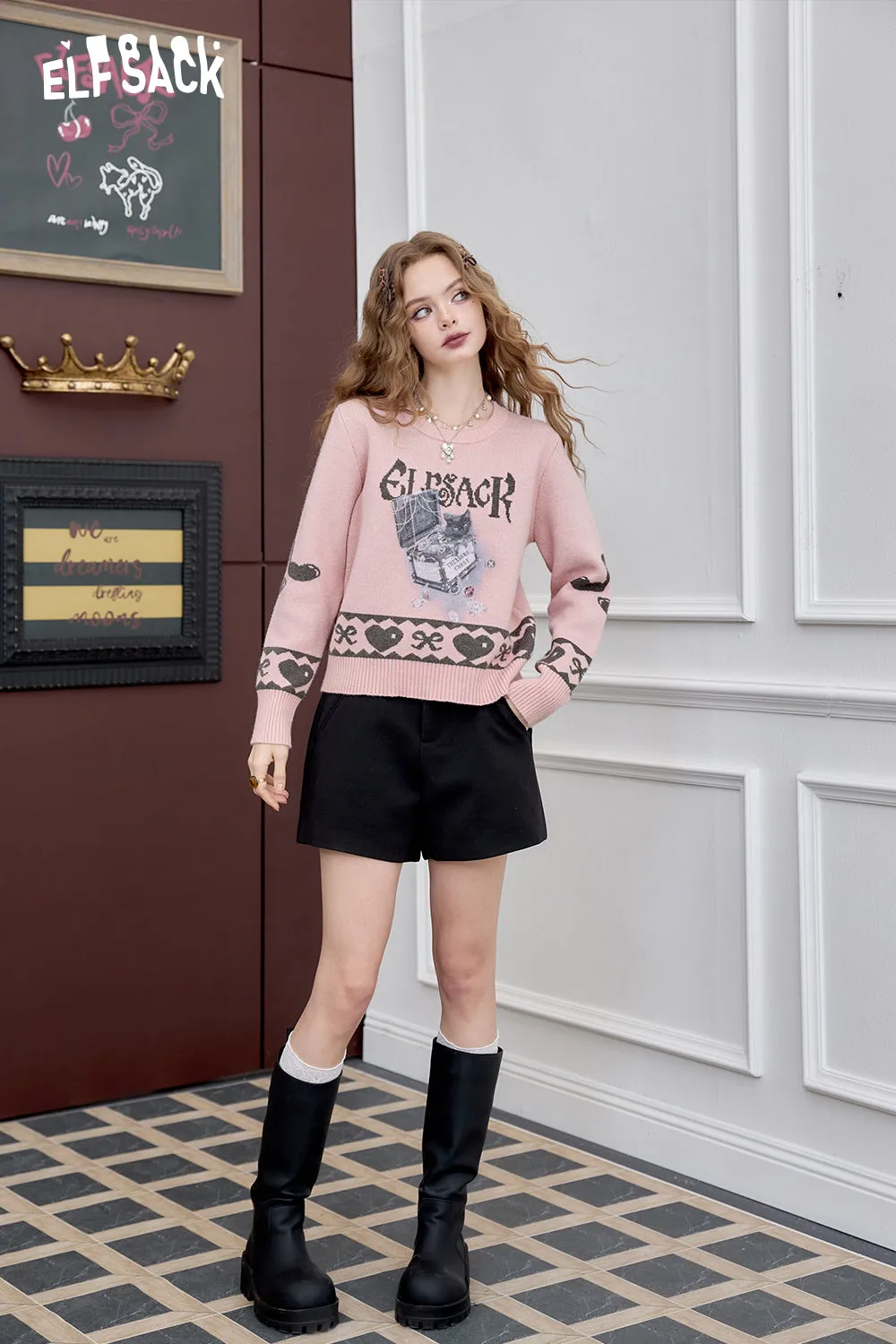ELFSACK 2024 Winter New Arrivals Short sweater for women knitted jacquard loose soft preppy style