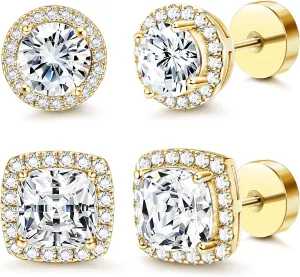 FASACCO 14K Flat Back Round Square Stud Earrings for Men Women Large Big Cubic Zirconia Stud Earrings Mens Earrings Flatback Earrings