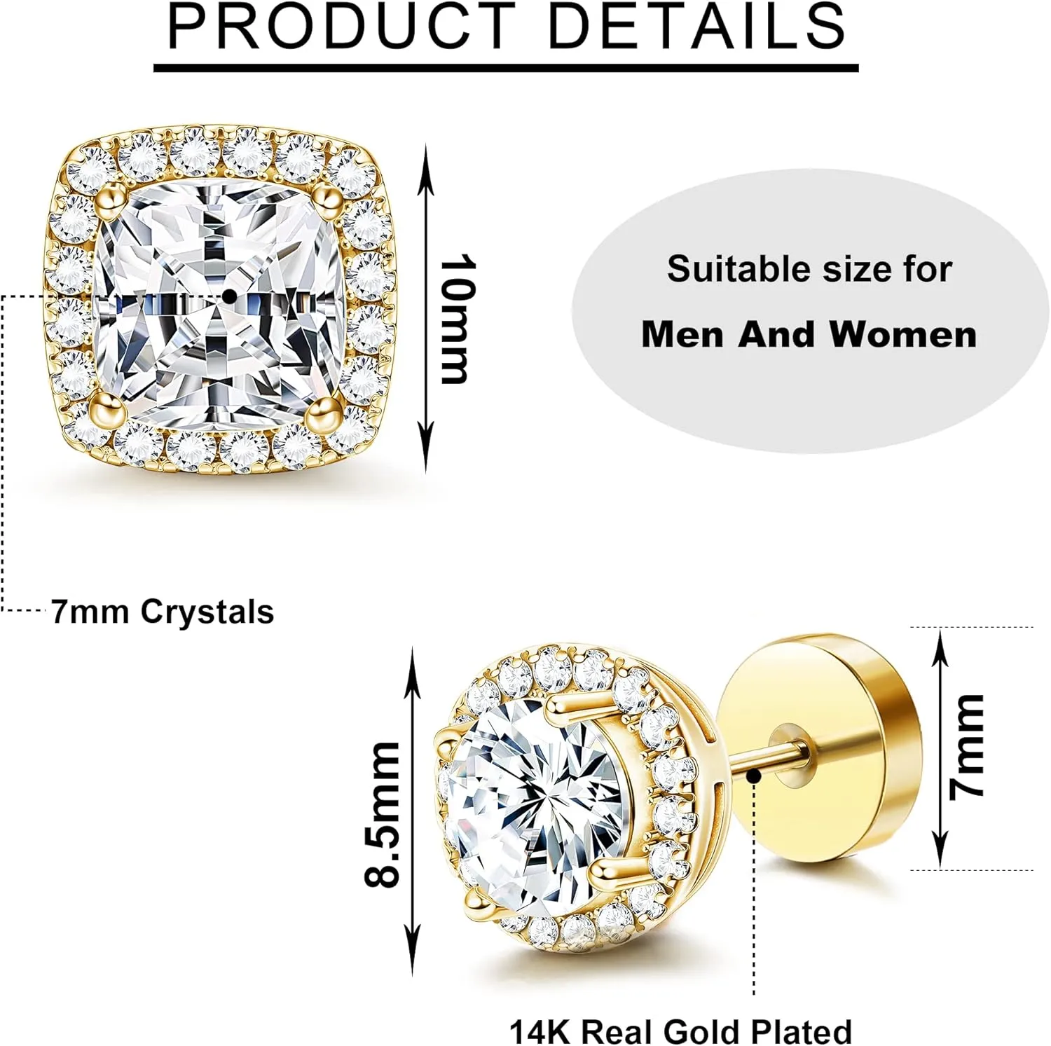FASACCO 14K Flat Back Round Square Stud Earrings for Men Women Large Big Cubic Zirconia Stud Earrings Mens Earrings Flatback Earrings