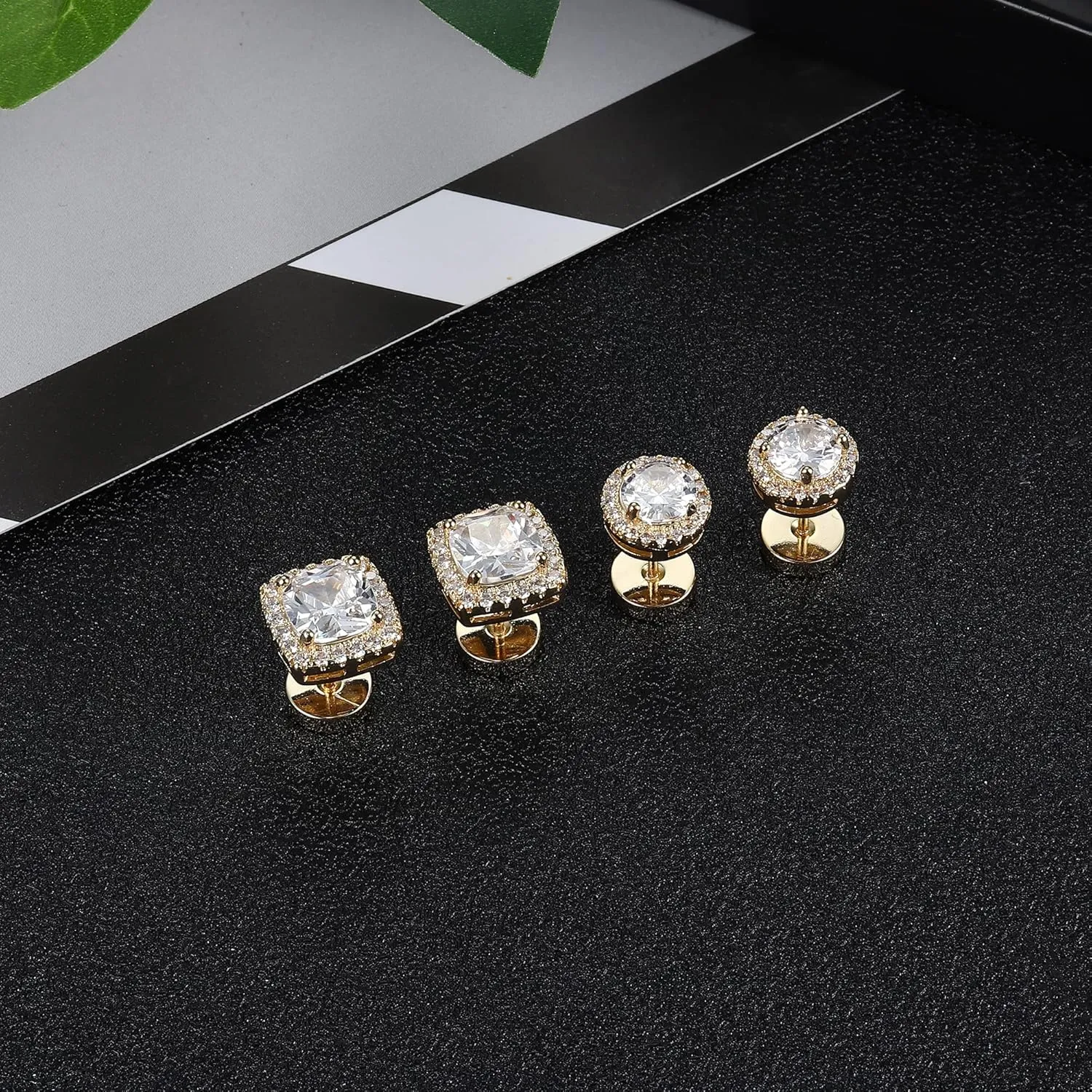 FASACCO 14K Flat Back Round Square Stud Earrings for Men Women Large Big Cubic Zirconia Stud Earrings Mens Earrings Flatback Earrings