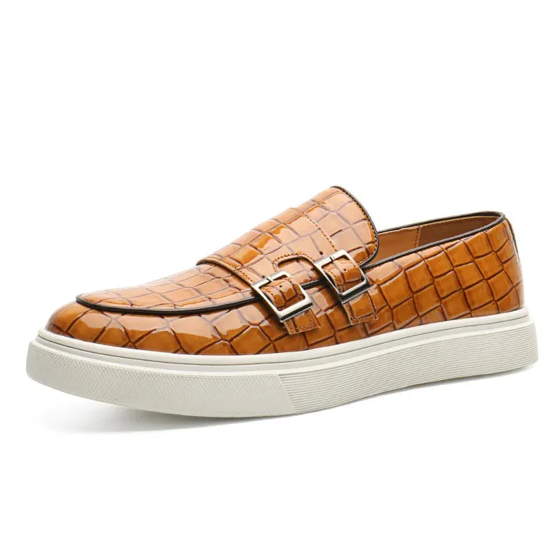Hnzxzm Men's Casual Shoes Crocodile Grain Leather Men Fashion British Style Loafers Mens Slip-on Outdoor Flats Monk Strap Shoes