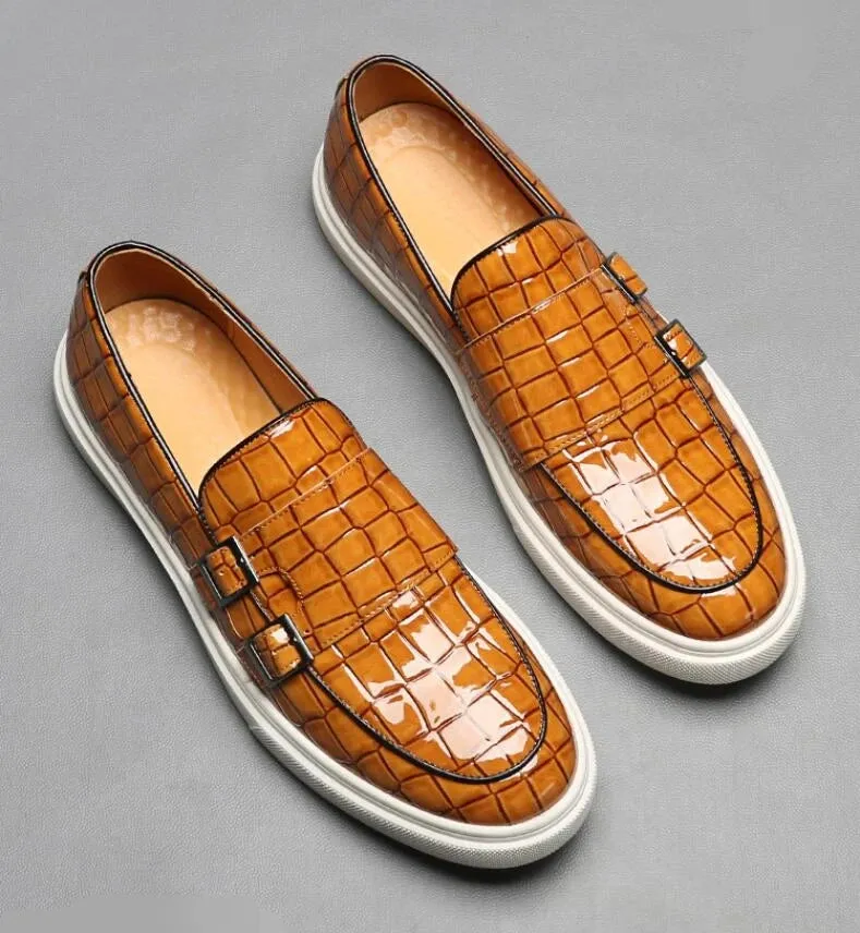 Hnzxzm Men's Casual Shoes Crocodile Grain Leather Men Fashion British Style Loafers Mens Slip-on Outdoor Flats Monk Strap Shoes