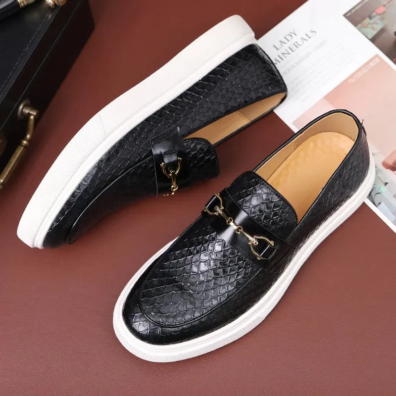 Hnzxzm Men's Casual Shoes Crocodile Grain Leather Men Fashion British Style Loafers Mens Slip-on Outdoor Flats Monk Strap Shoes