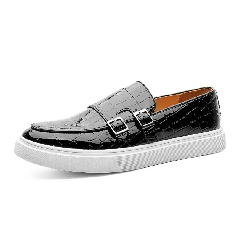 Hnzxzm Men's Casual Shoes Crocodile Grain Leather Men Fashion British Style Loafers Mens Slip-on Outdoor Flats Monk Strap Shoes