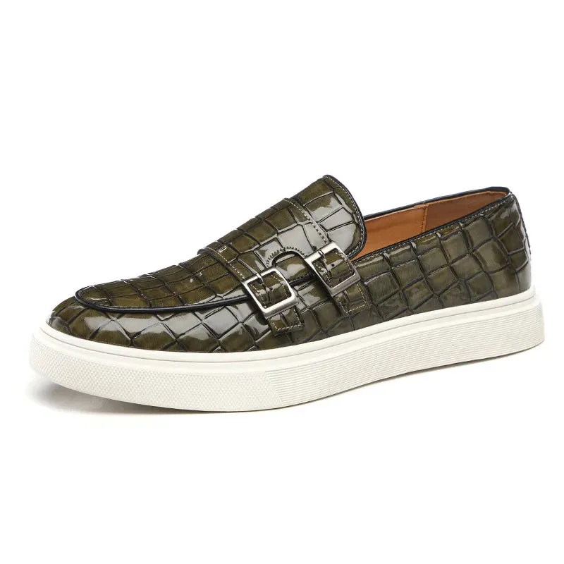 Hnzxzm Men's Casual Shoes Crocodile Grain Leather Men Fashion British Style Loafers Mens Slip-on Outdoor Flats Monk Strap Shoes