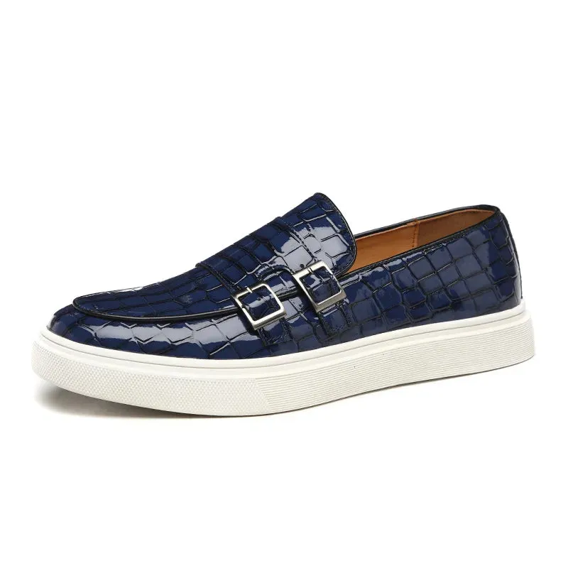 Hnzxzm Men's Casual Shoes Crocodile Grain Leather Men Fashion British Style Loafers Mens Slip-on Outdoor Flats Monk Strap Shoes