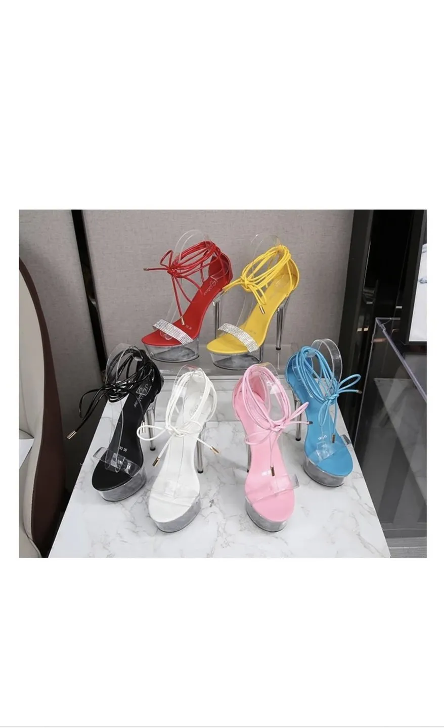 RED SLIM STRAP CLEAR HEELS