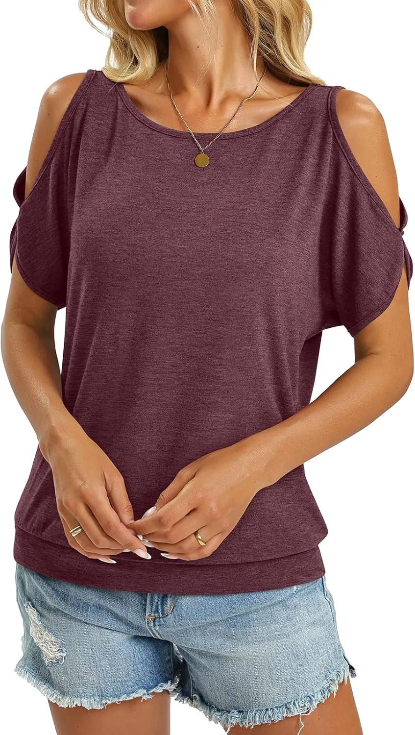 Womens Cold Shoulder Tops Banded Bottom Boat Neck T Shirts Summer Sexy Casual Loose Fit Blouse 2025