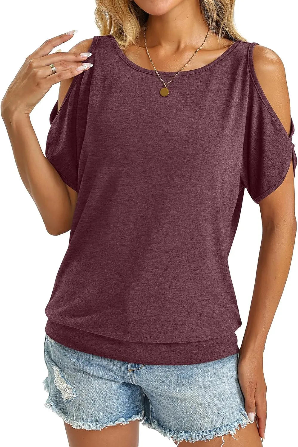 Womens Cold Shoulder Tops Banded Bottom Boat Neck T Shirts Summer Sexy Casual Loose Fit Blouse 2025