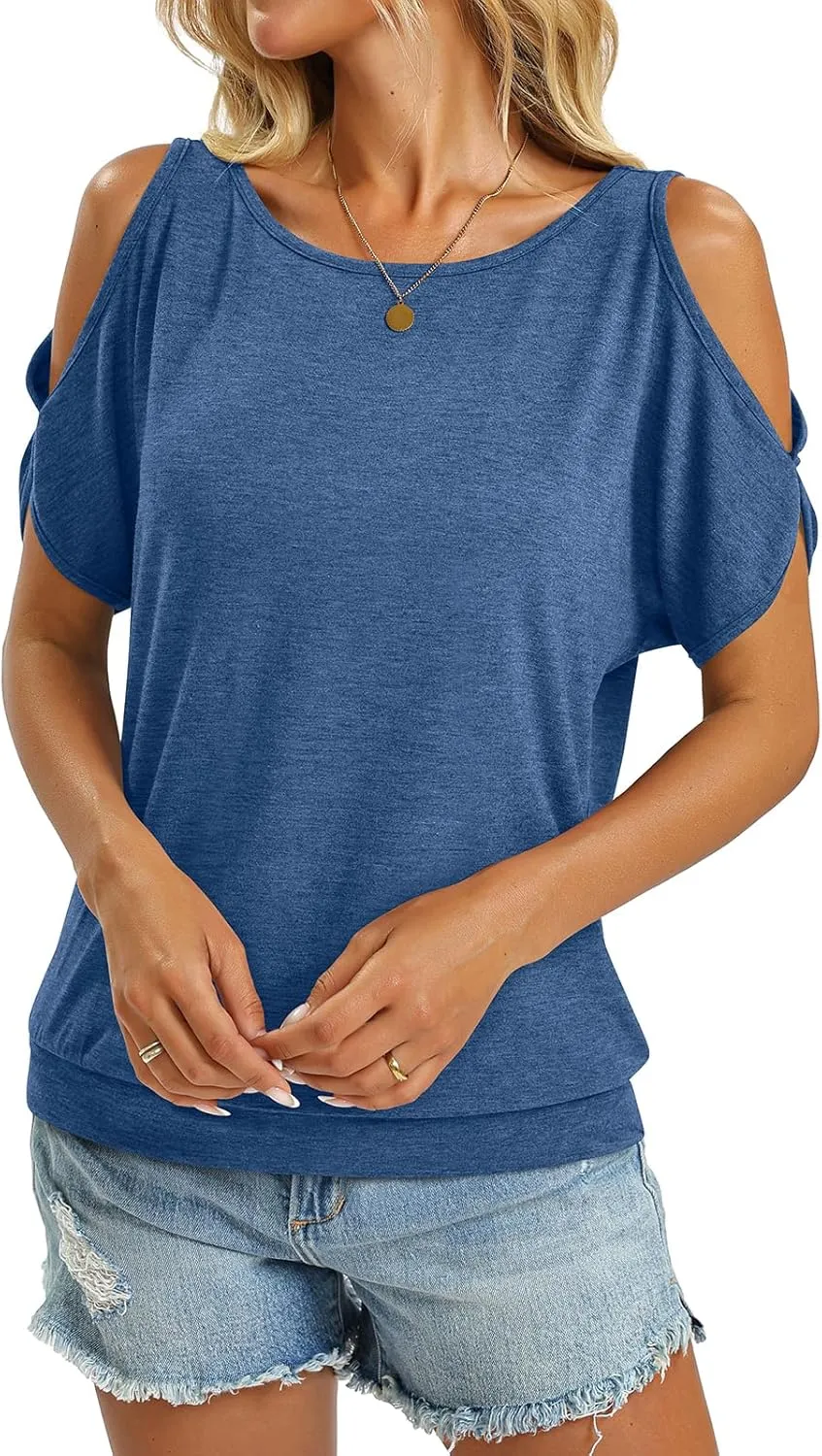 Womens Cold Shoulder Tops Banded Bottom Boat Neck T Shirts Summer Sexy Casual Loose Fit Blouse 2025